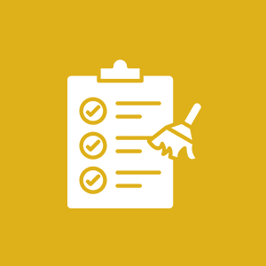 Checklist with broom on yellow background.