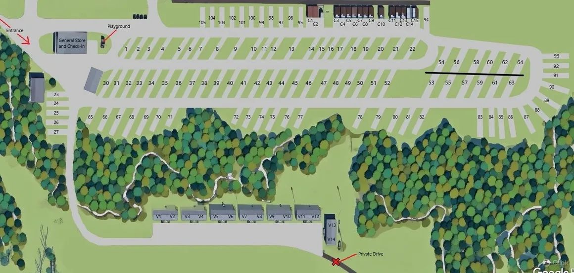 Detailed campground site plan with trees